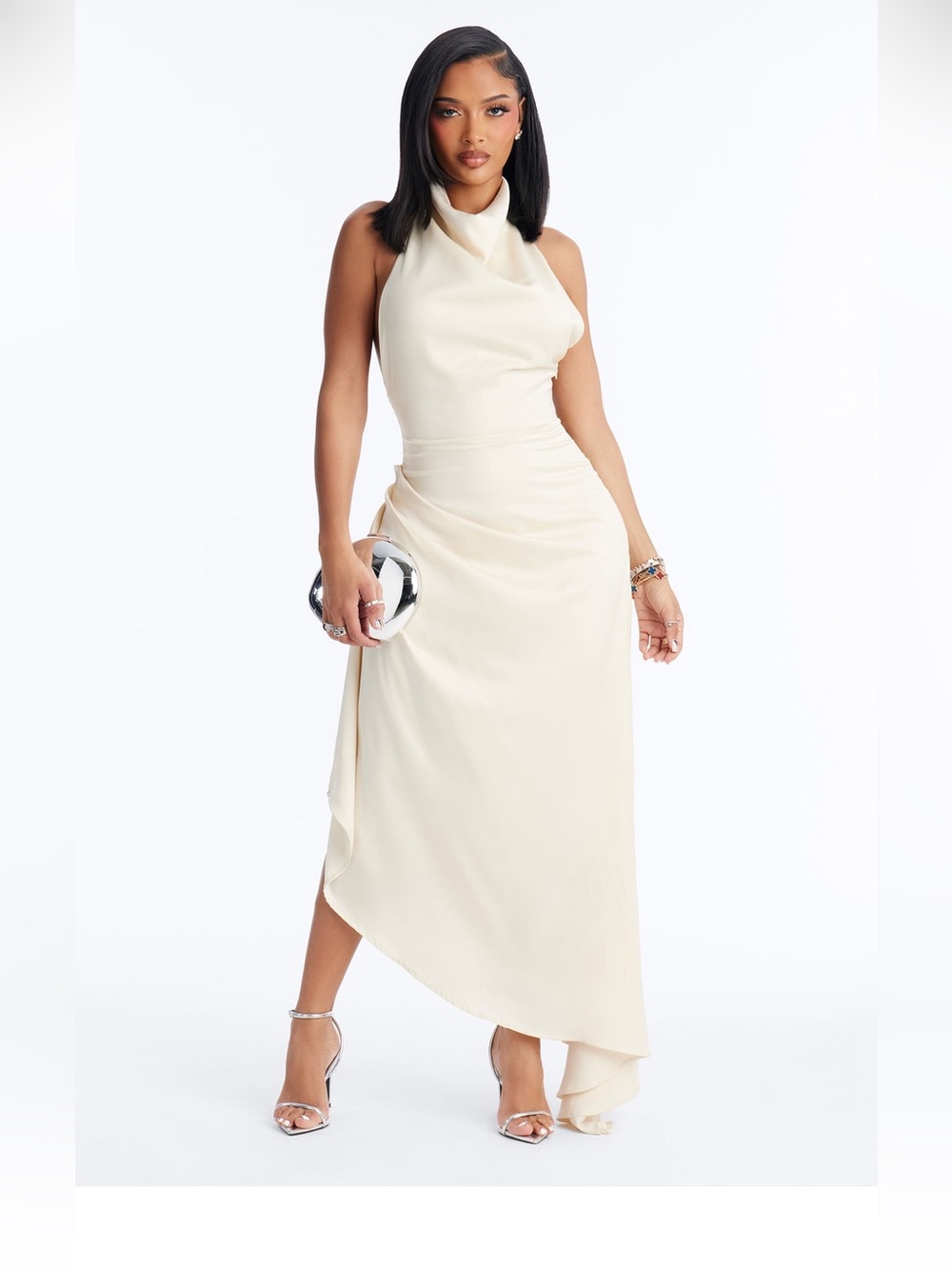 Sleeveless Cowl Neck Asymmetrical Hem Dress in Cream